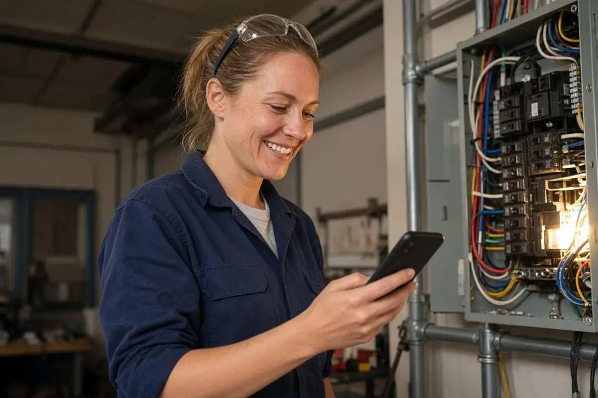AI-illustrated fictional electrician smiling at her phone by a panel