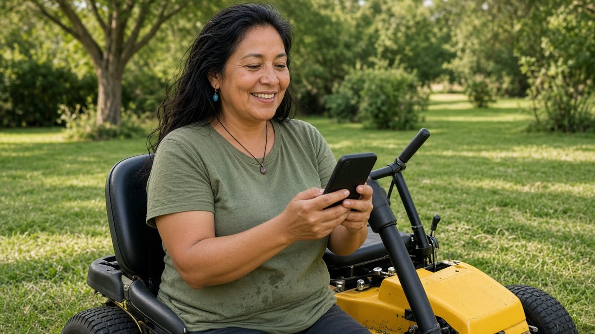 AI-generated illustration of a fictional landscaping pro checking a text on the job